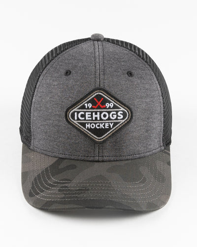 black Rockford IceHogs trucker with camo brim and embroidered patch - front lay flat