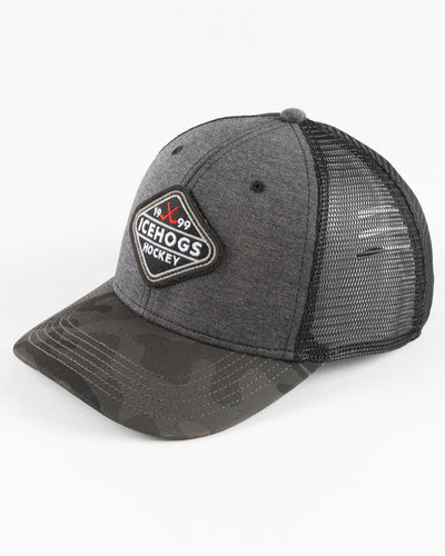 black Rockford IceHogs trucker with camo brim and embroidered patch - left angle lay flat