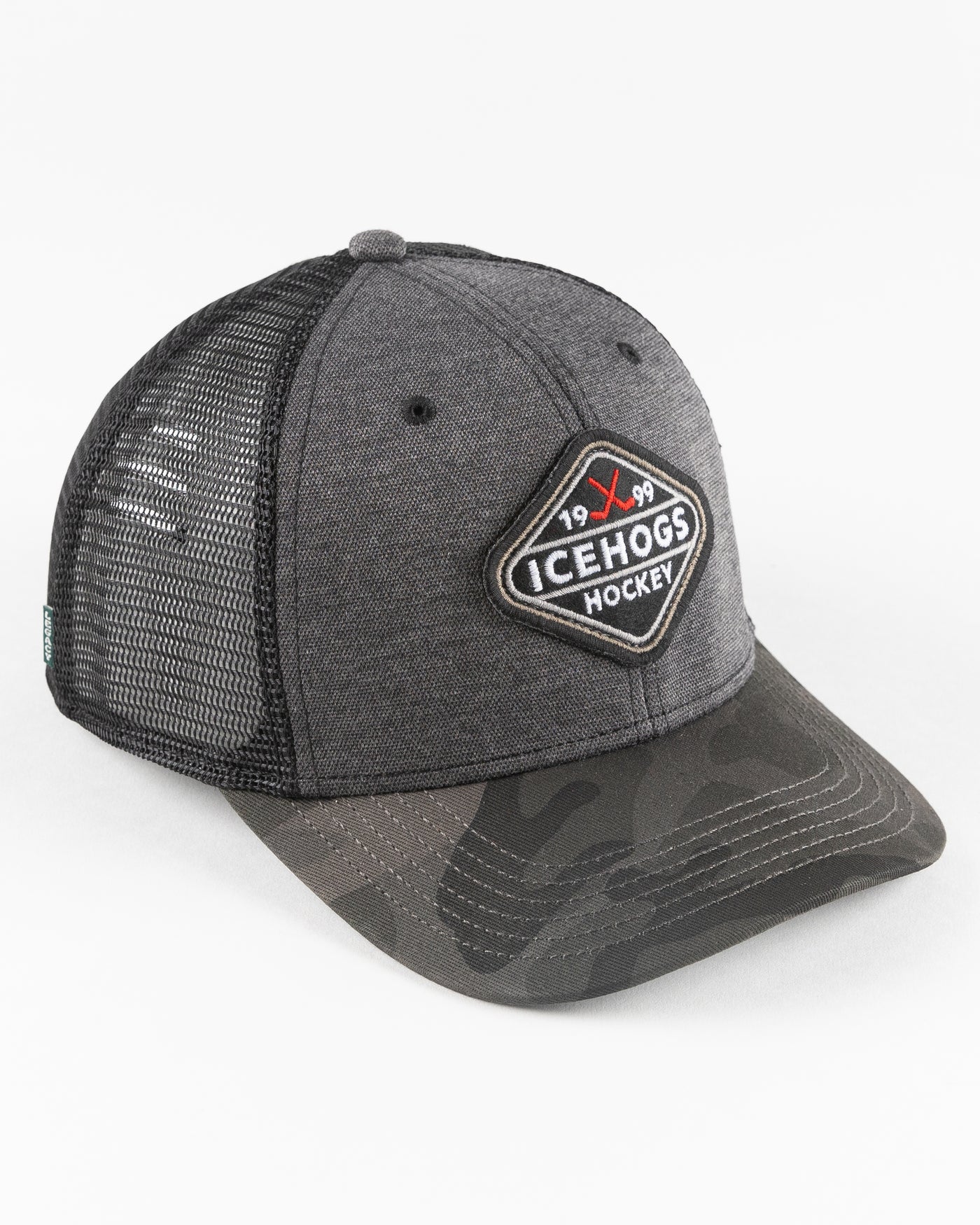 black Rockford IceHogs trucker with camo brim and embroidered patch - right angle lay flat
