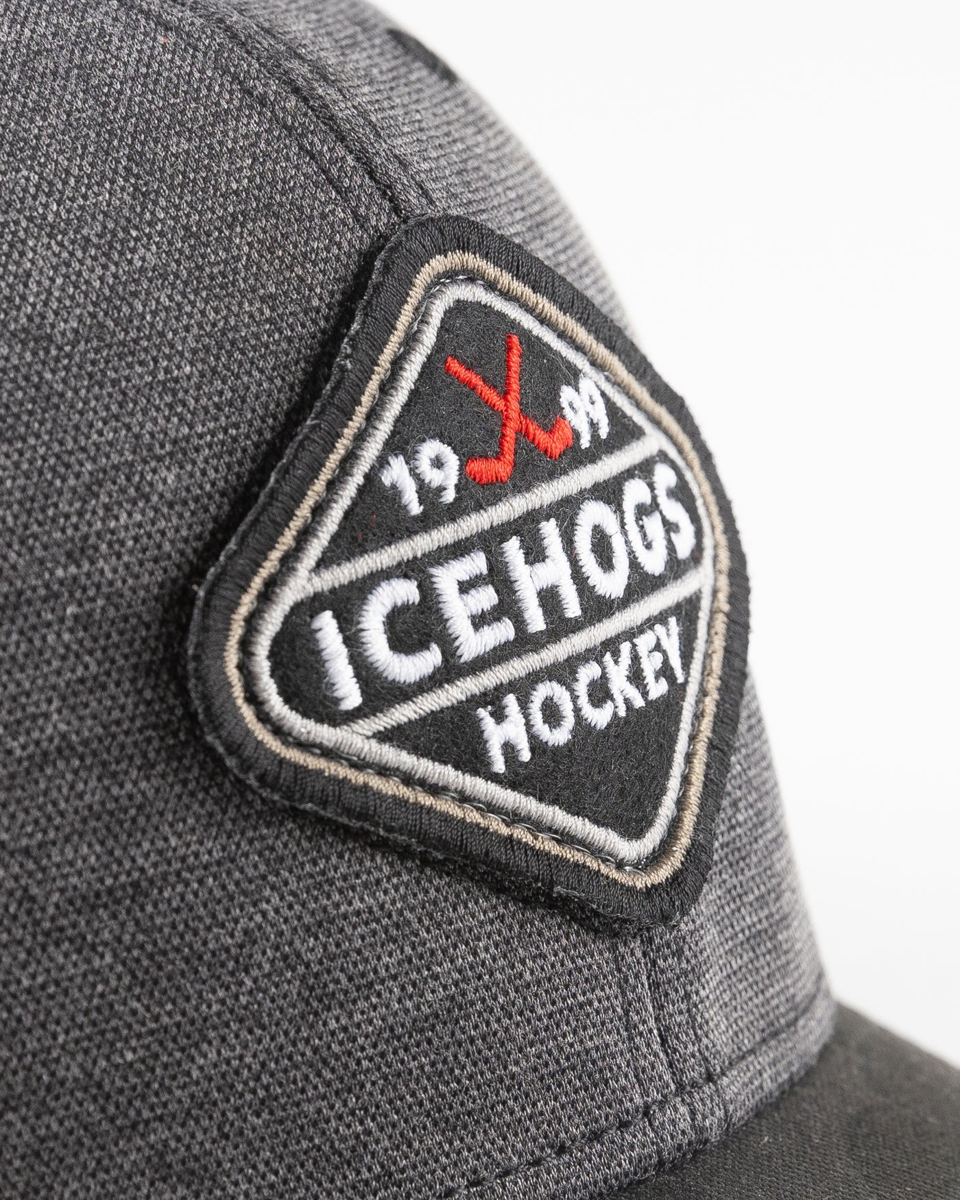 black Rockford IceHogs trucker with camo brim and embroidered patch - detail lay flat