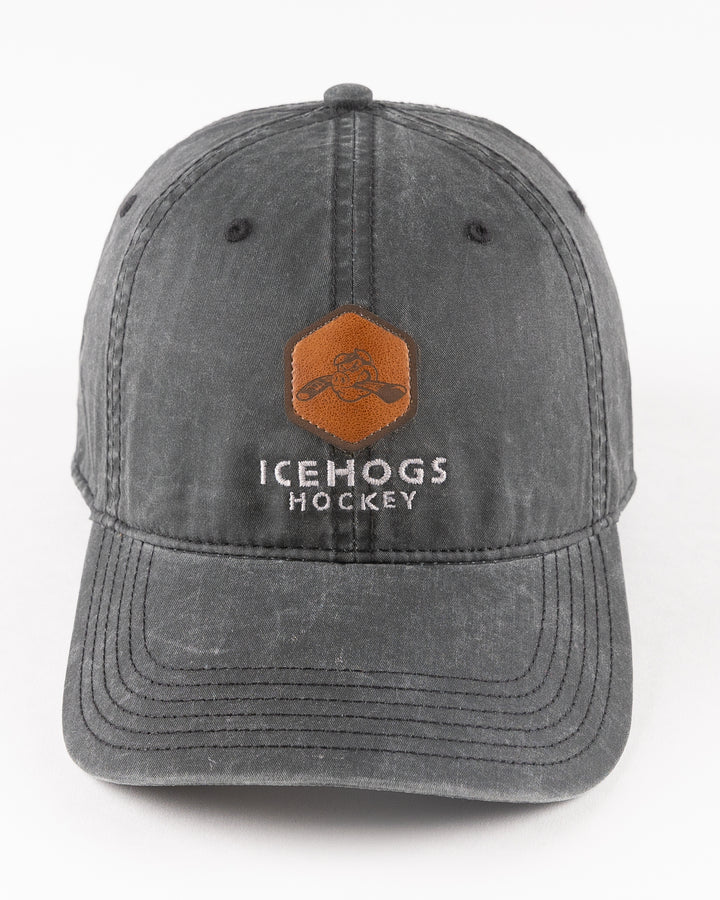 faded black adjustable cap with leather Hammy ptch and embroidered IceHogs Hockey wordmark - front lay flat