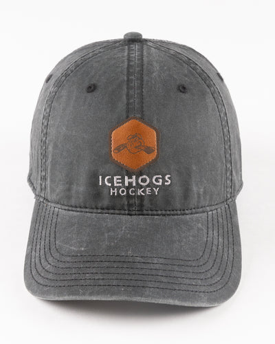 faded black adjustable cap with leather Hammy ptch and embroidered IceHogs Hockey wordmark - front lay flat