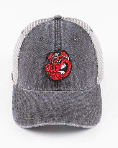 black/grey trucker cap with Rockford IceHogs Hammy embroidered design - front lay flat 