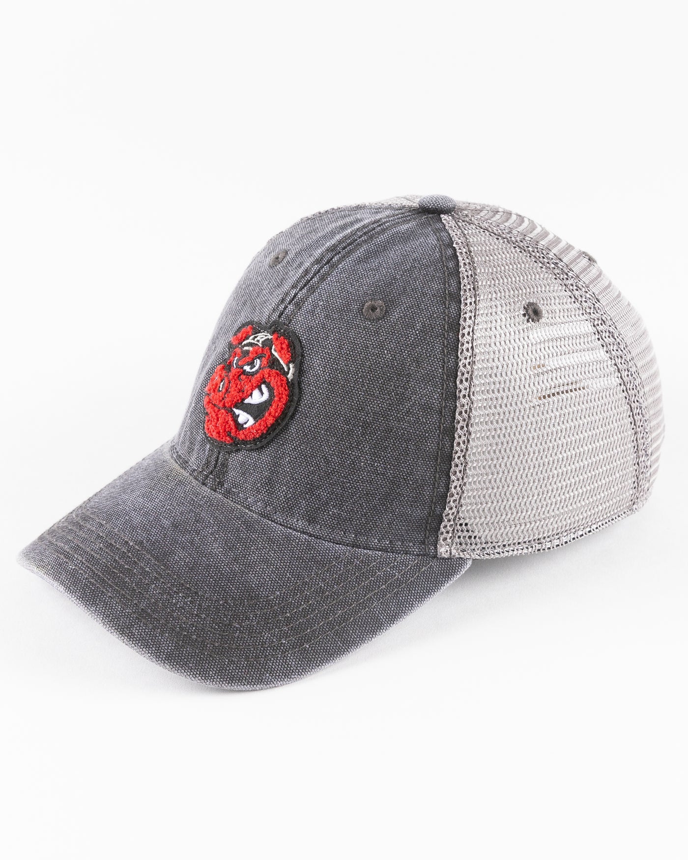 black/grey trucker cap with Rockford IceHogs Hammy embroidered design - left angle lay flat 