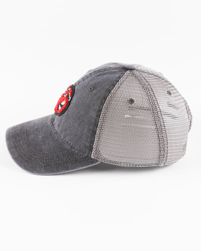 black/grey trucker cap with Rockford IceHogs Hammy embroidered design - left side lay flat 