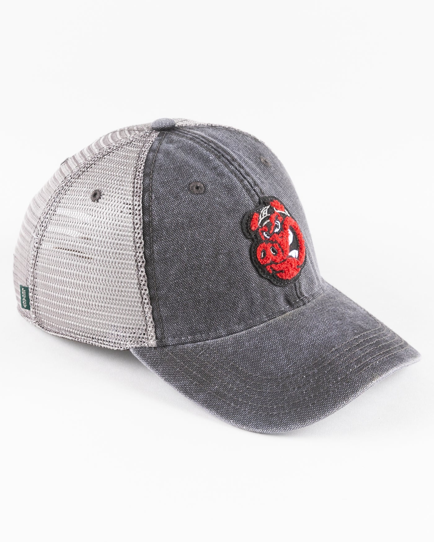 black/grey trucker cap with Rockford IceHogs Hammy embroidered design - right angle lay flat 