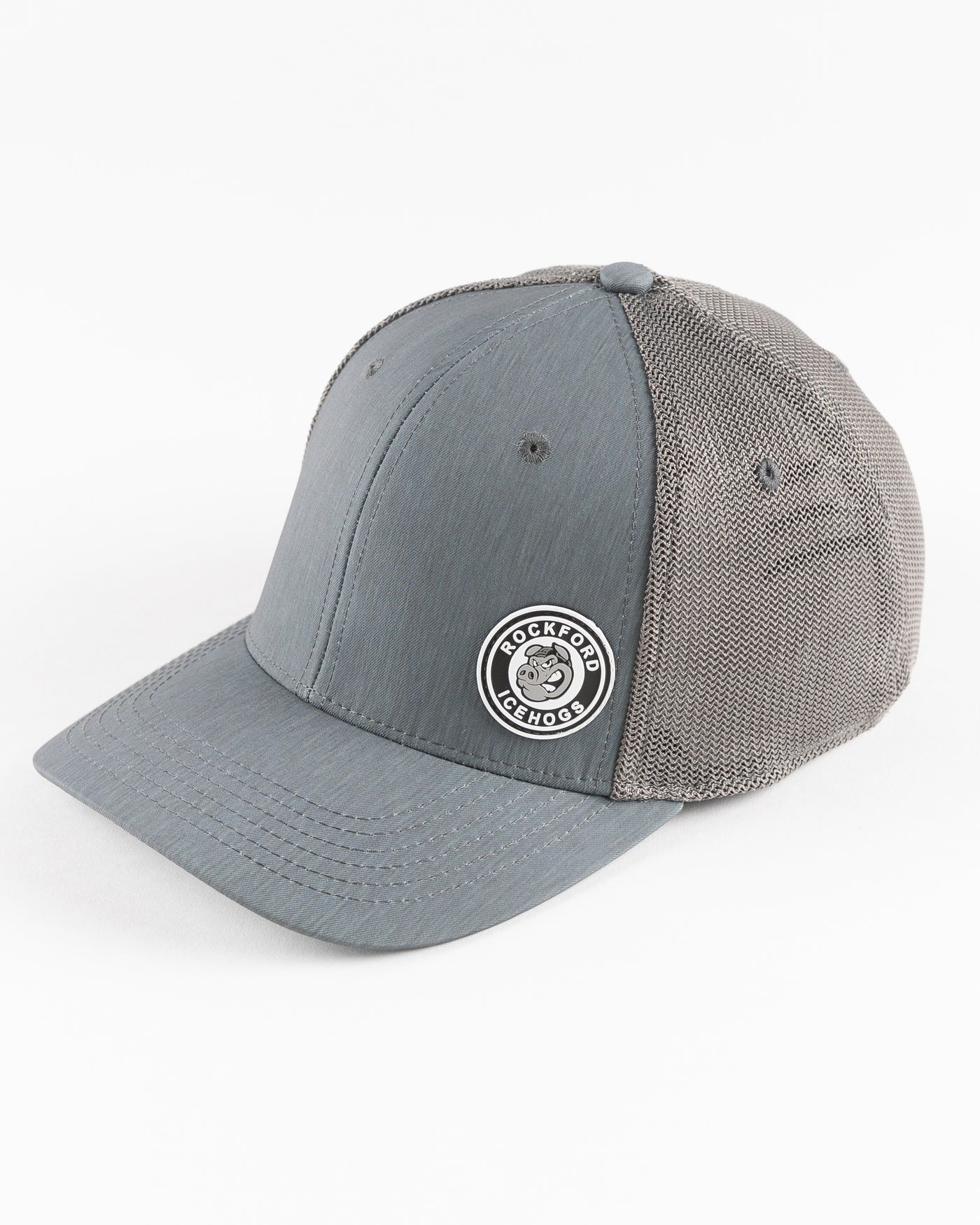 dark grey fitted trucker with tonal rubber Rockford IceHogs patch on front - left angle lay flat
