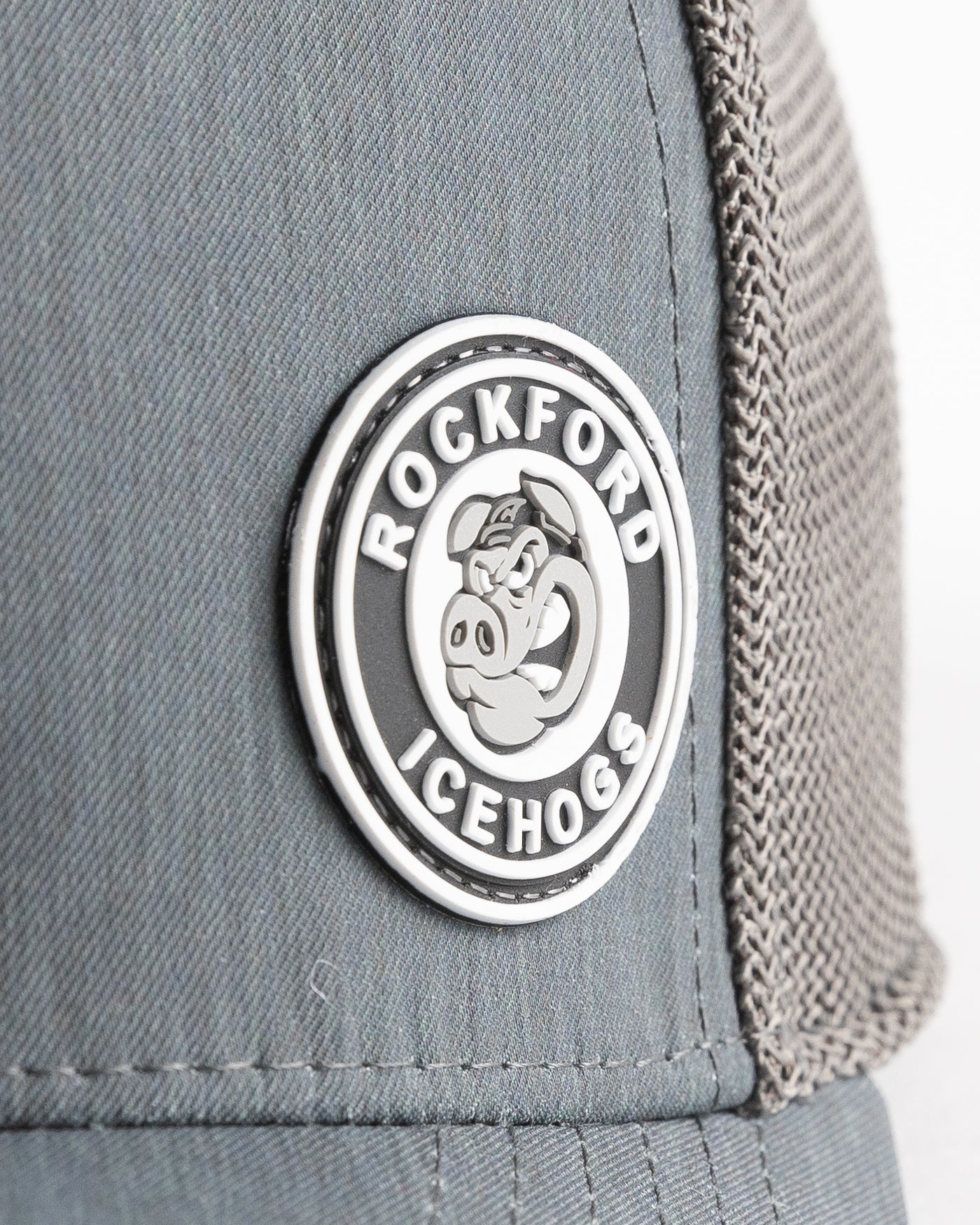 dark grey fitted trucker with tonal rubber Rockford IceHogs patch on front - detail lay flat