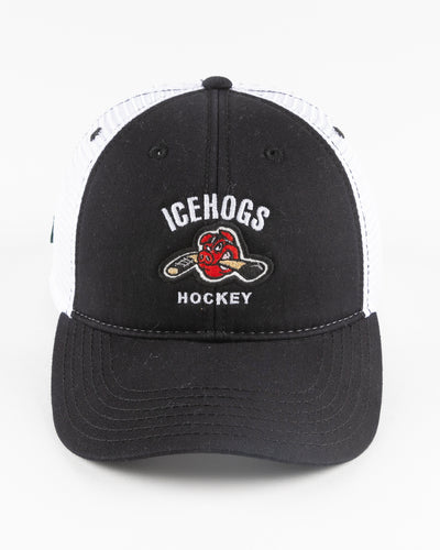 black and white trucker with embroidered IceHogs Hockey graphic on front panel - front lay flat