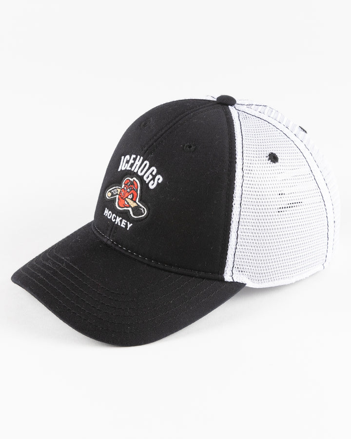 black and white trucker with embroidered IceHogs Hockey graphic on front panel - left angle lay flat