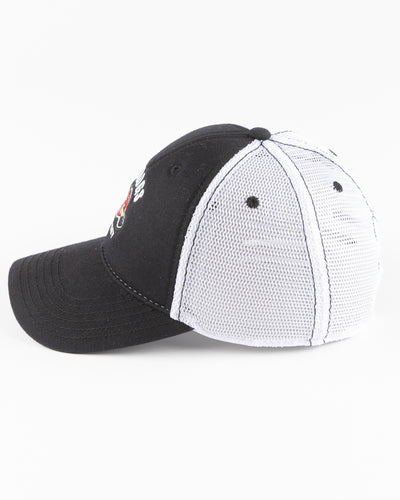black and white trucker with embroidered IceHogs Hockey graphic on front panel - left side lay flat