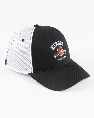 black and white trucker with embroidered IceHogs Hockey graphic on front panel - right angle lay flat