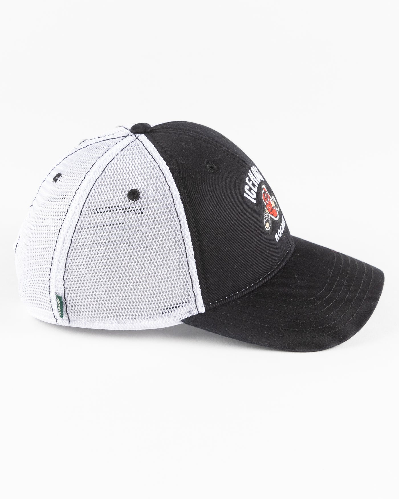 black and white trucker with embroidered IceHogs Hockey graphic on front panel - right side lay flat