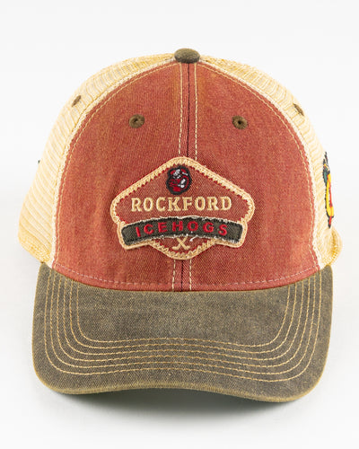 faded multi-color trucker with Rockford IceHogs patch embroidered on front - front lay flat