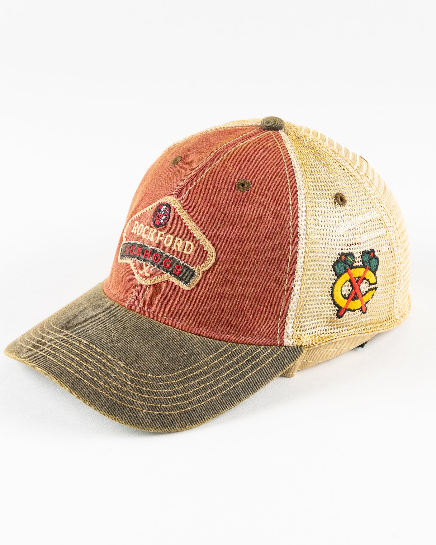 faded multi-color trucker with Rockford IceHogs patch embroidered on front - left angle lay flat