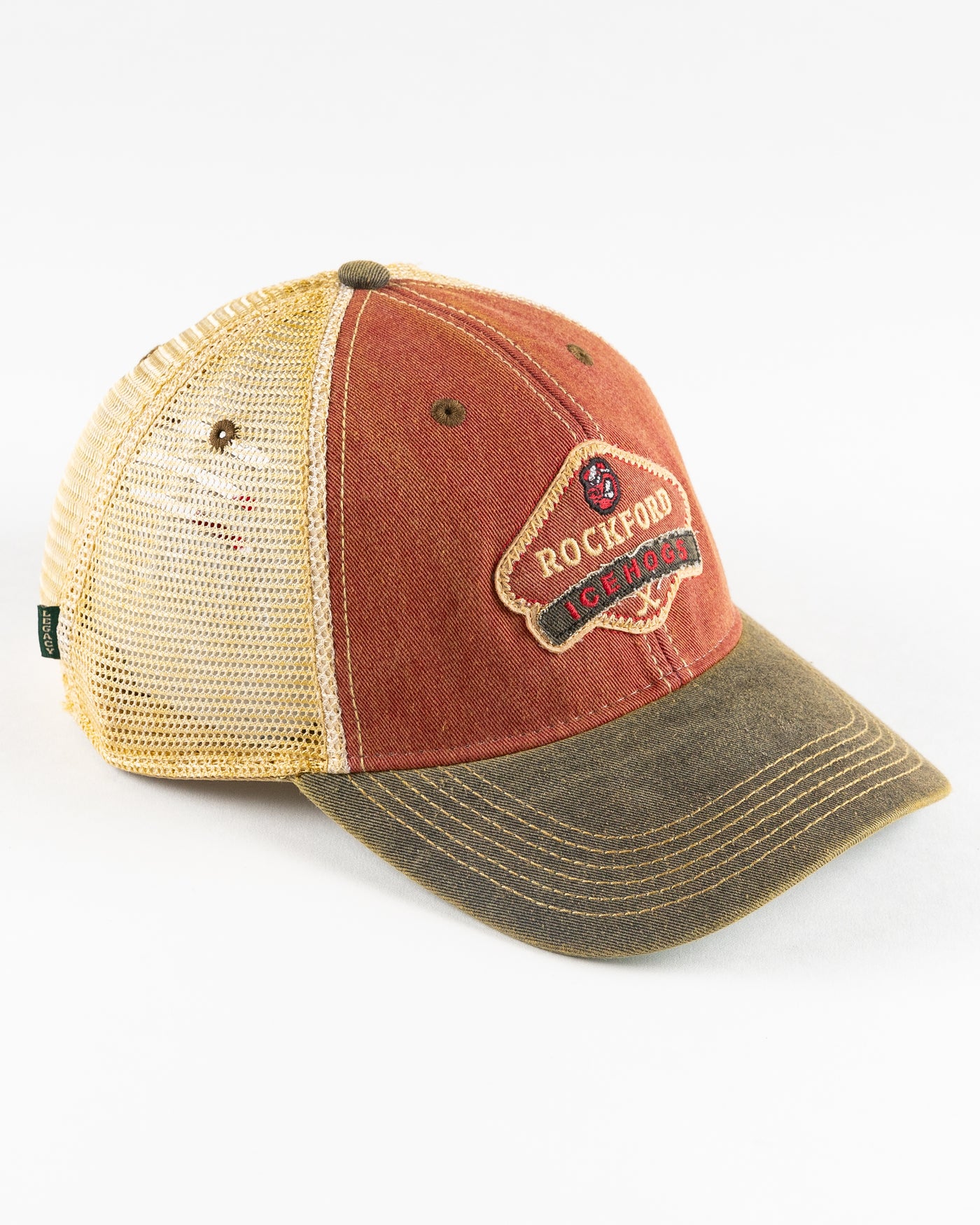 faded multi-color trucker with Rockford IceHogs patch embroidered on front - right angle lay flat