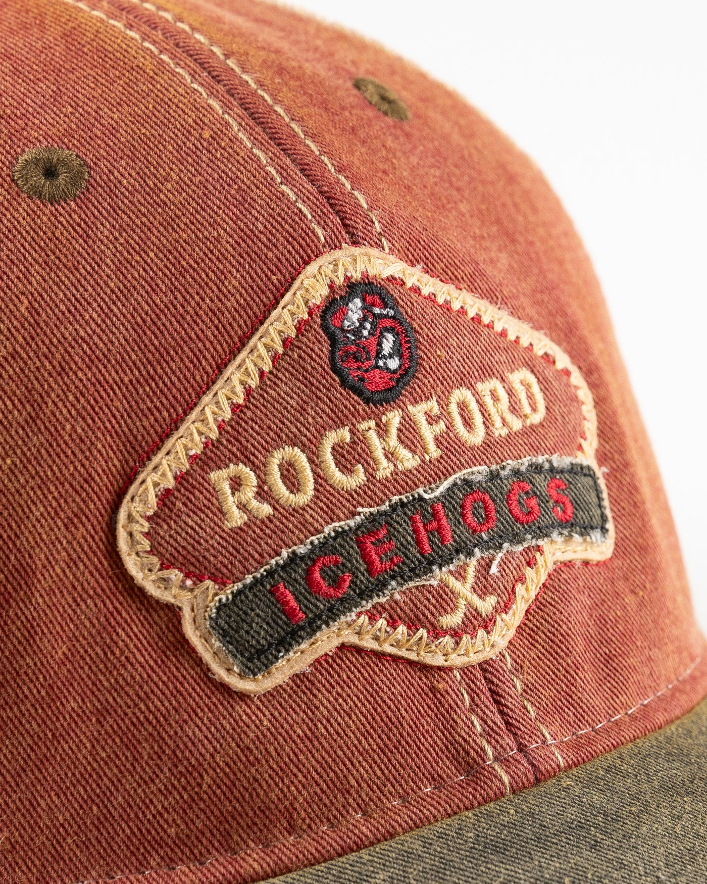 faded multi-color trucker with Rockford IceHogs patch embroidered on front - detail lay flat