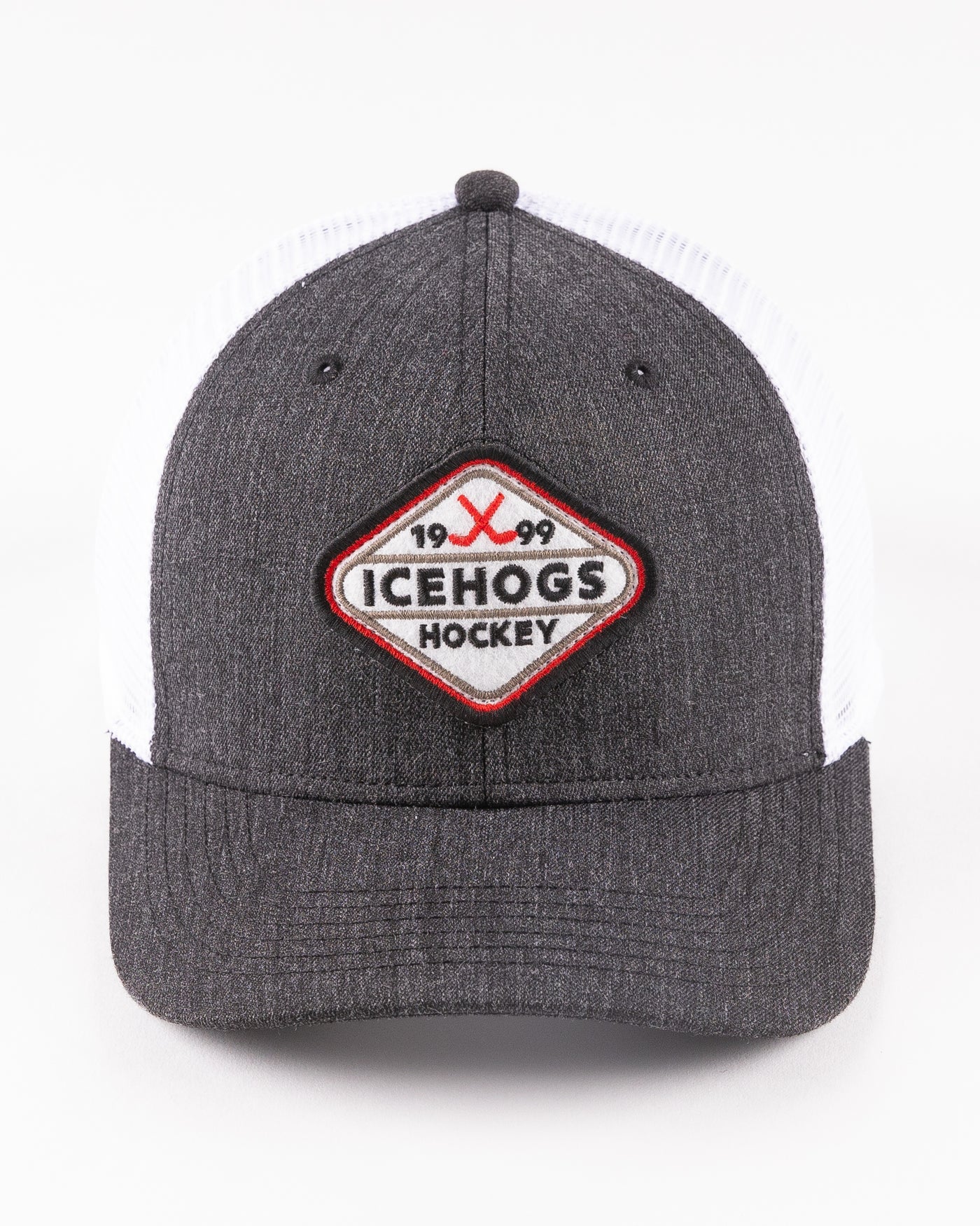 faded black and white trucker with Rockford IceHogs patch embroidered on front - front lay flat