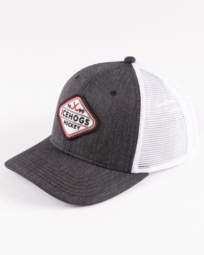 faded black and white trucker with Rockford IceHogs patch embroidered on front - left angle lay flat