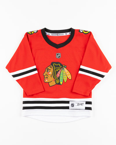red home toddler Chicago Blackhawks Bedard jersey - front lay flat
