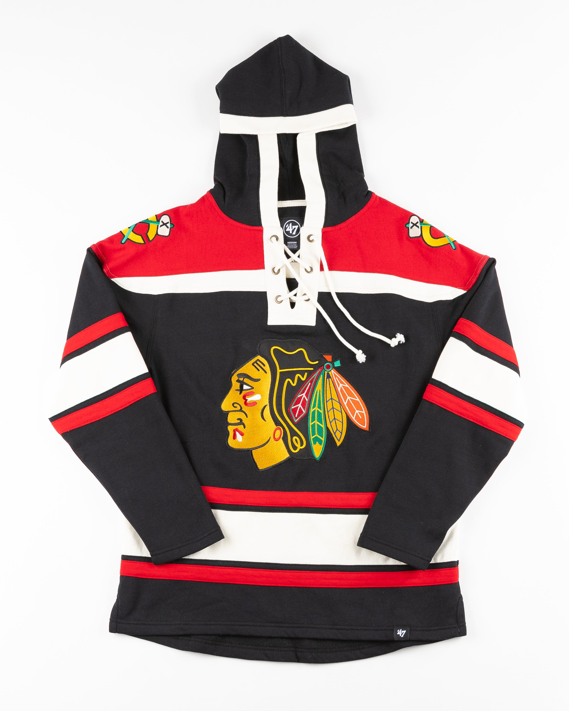 MENS CHICAGO BLACKHAWKS SUPERIOR store '47 BRAND LACER HOOD SZ LARGE