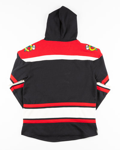 black and red '47 brand skate lace hoodie with Chicago Blackhawks primary logo embroidered on front and secondary logos embroidered on shoulders - back lay flat