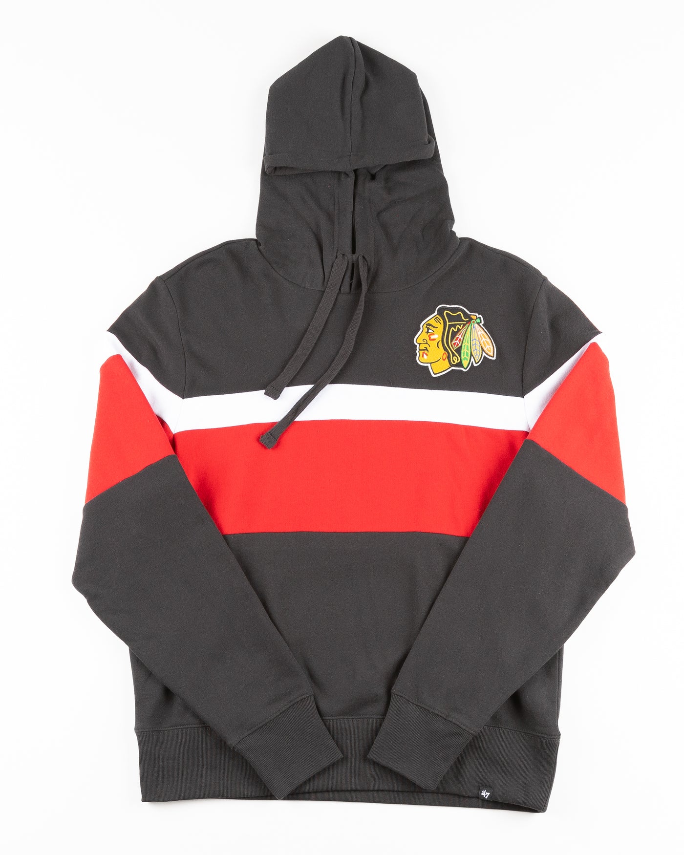 black white and red '47 brand hoodie with Chicago Blackhawks primary logo on left chest - front lay flat