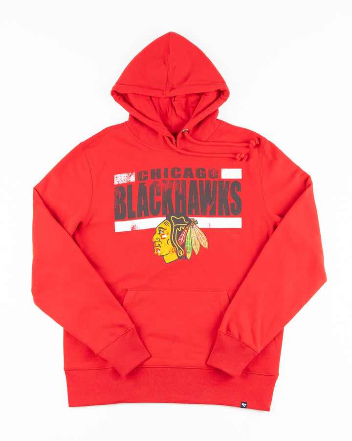 red '47 brand hoodie with Chicago Blackhawks graphic across chest - front lay flat