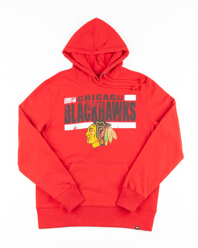 red '47 brand hoodie with Chicago Blackhawks graphic across chest - front lay flat
