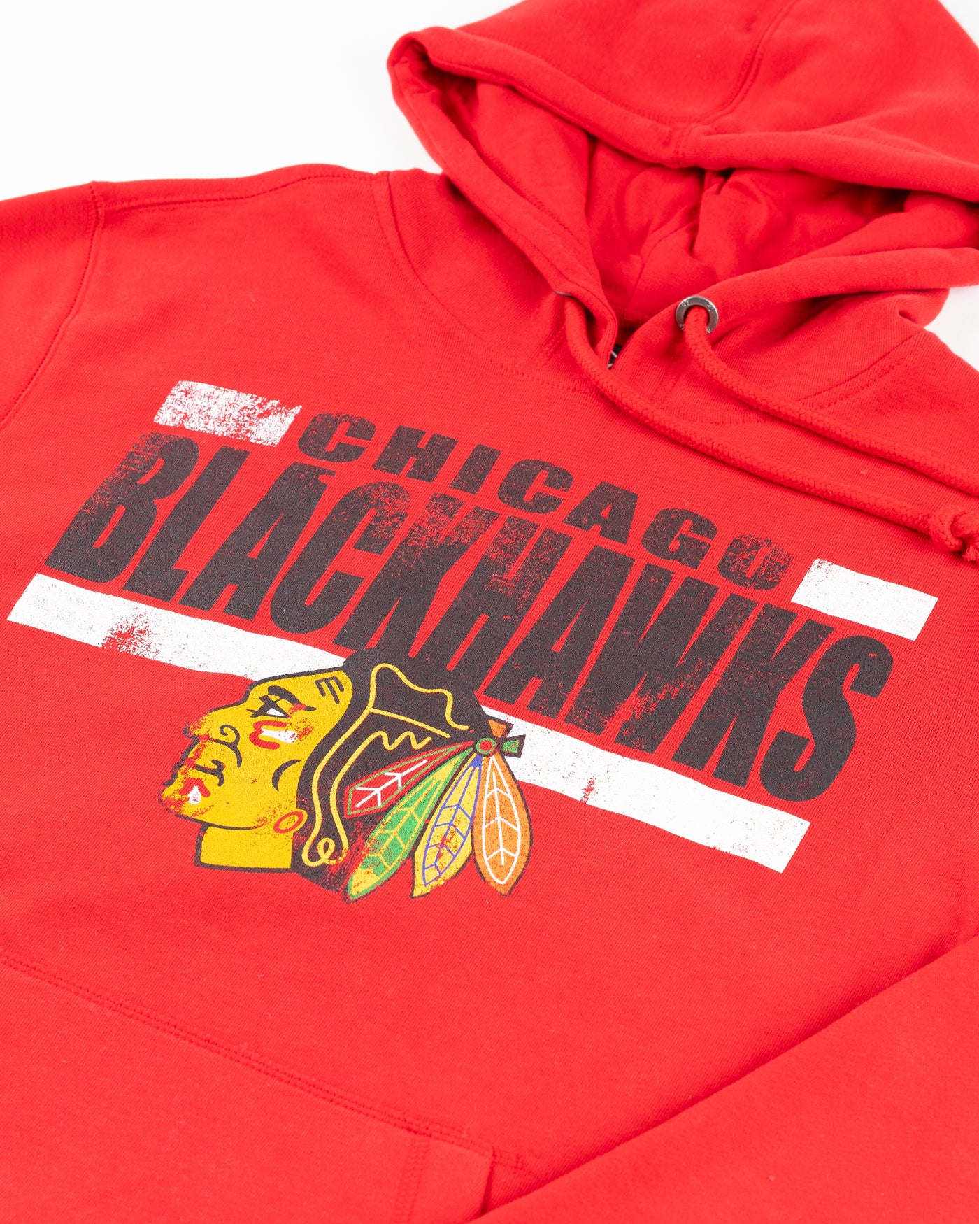 red '47 brand hoodie with Chicago Blackhawks graphic across chest - detail lay flat