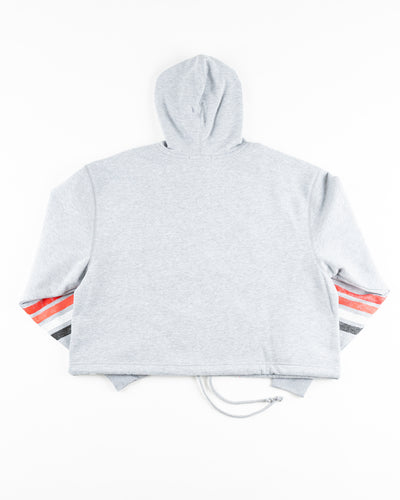 grey '47 brand cropped women's hoodie with Chicago Blackhawks distressed graphic on front - back lay flat