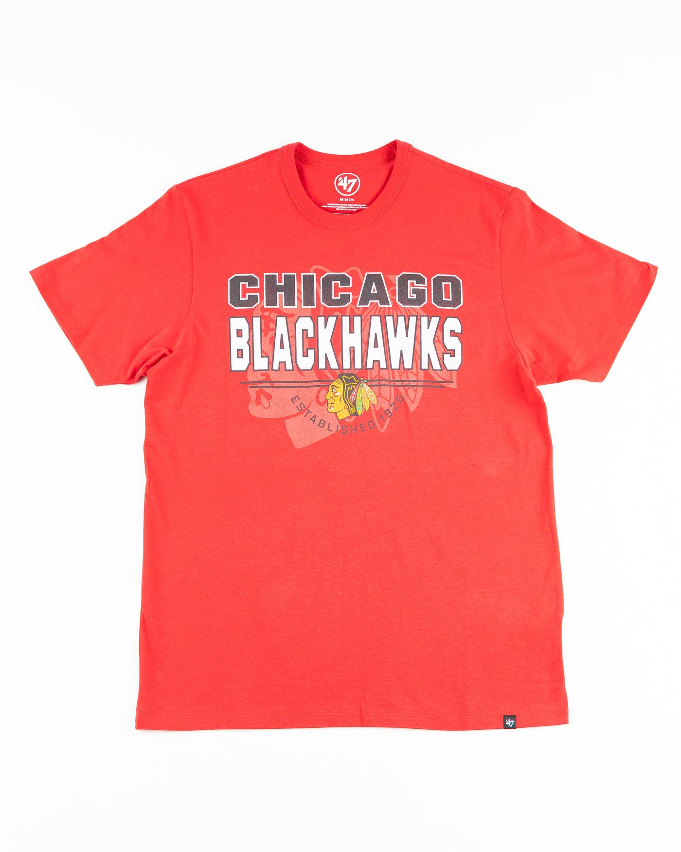 '47 brand red short sleeve tee with Chicago Blackhawks graphic across front - front lay flat
