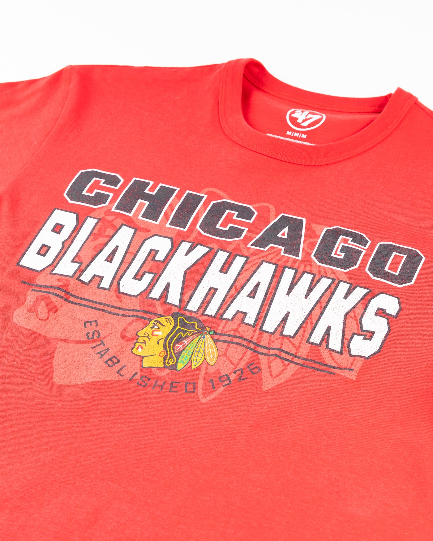'47 brand red short sleeve tee with Chicago Blackhawks graphic across front - detail lay flat