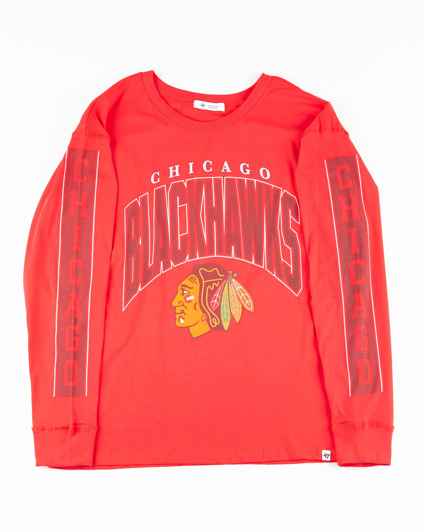 red '47 brand long sleeve tee with Chicago Blackhawks graphics on front and sleeves - front lay flat