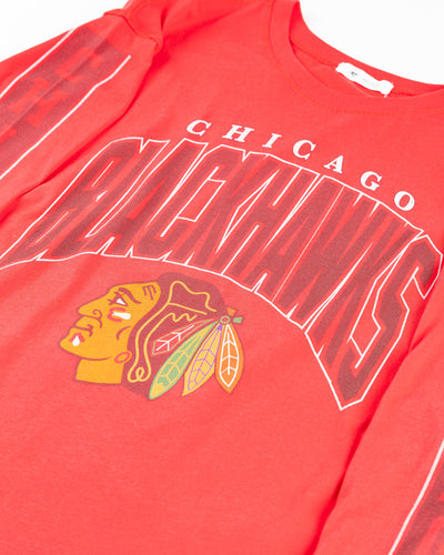 red '47 brand long sleeve tee with Chicago Blackhawks graphics on front and sleeves - detail  lay flat