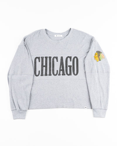 grey '47 brand long sleeve ladies tee with Chicago wordmark across chest and Chicago Blackhawks primary logo on left shoulder - front lay flat