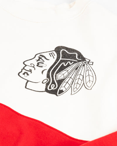 white and red '47 brand crewneck with Chicago Blackhawks primary logo on left chest and wordmark on back - front detail lay flat