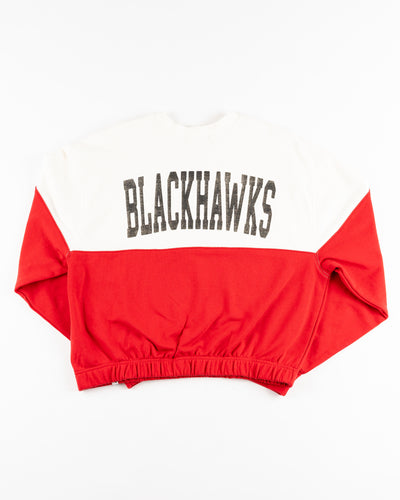 white and red '47 brand crewneck with Chicago Blackhawks primary logo on left chest and wordmark on back - back lay flat
