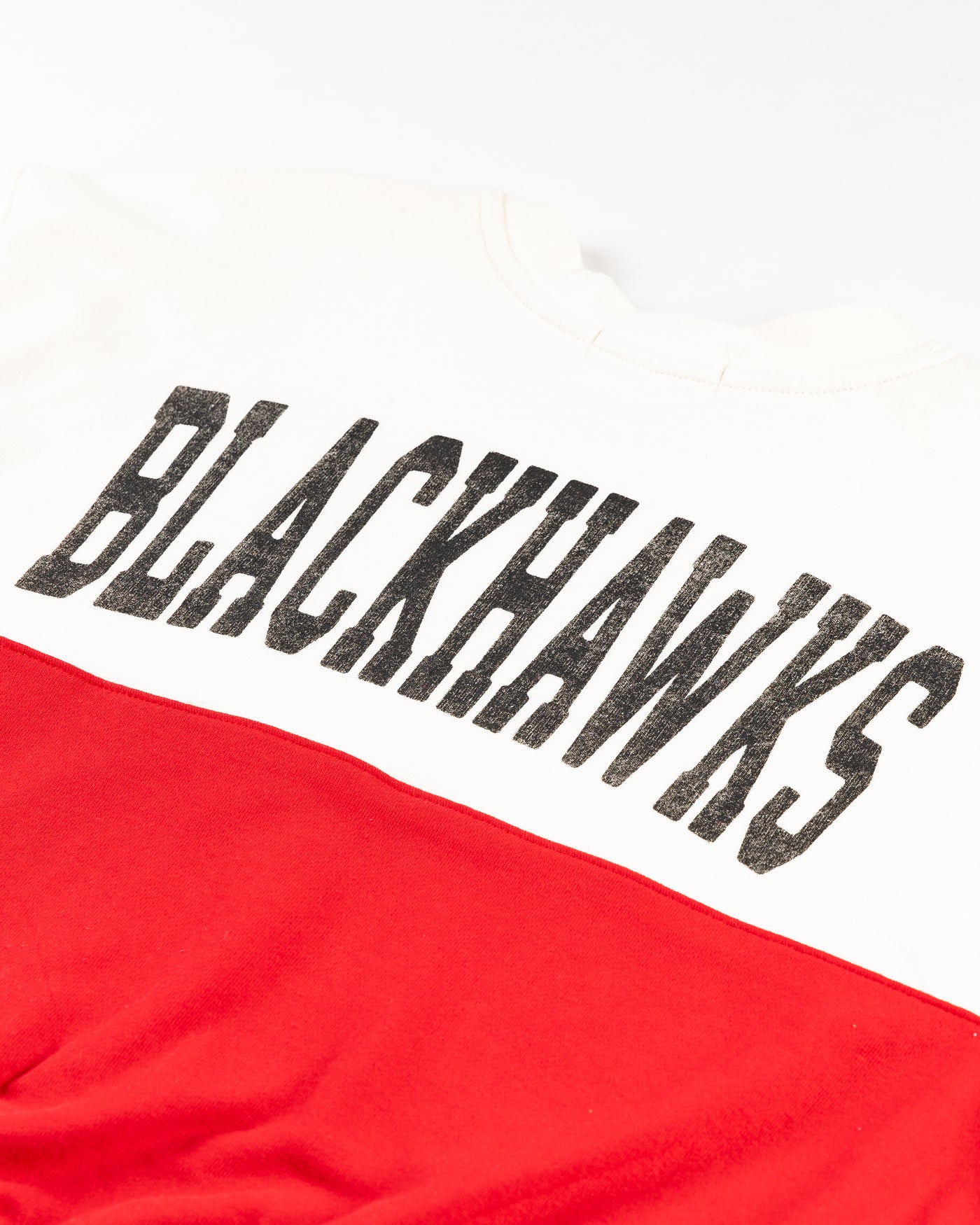 white and red '47 brand crewneck with Chicago Blackhawks primary logo on left chest and wordmark on back - back detail lay flat