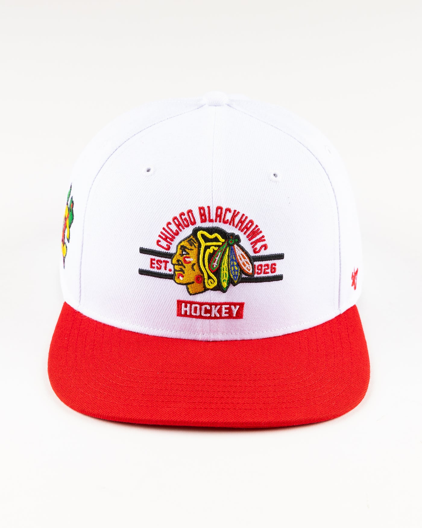 white and red '47 brand flat brim snapback with Chicago Blackhawks graphic embroidered on front - front lay flat 