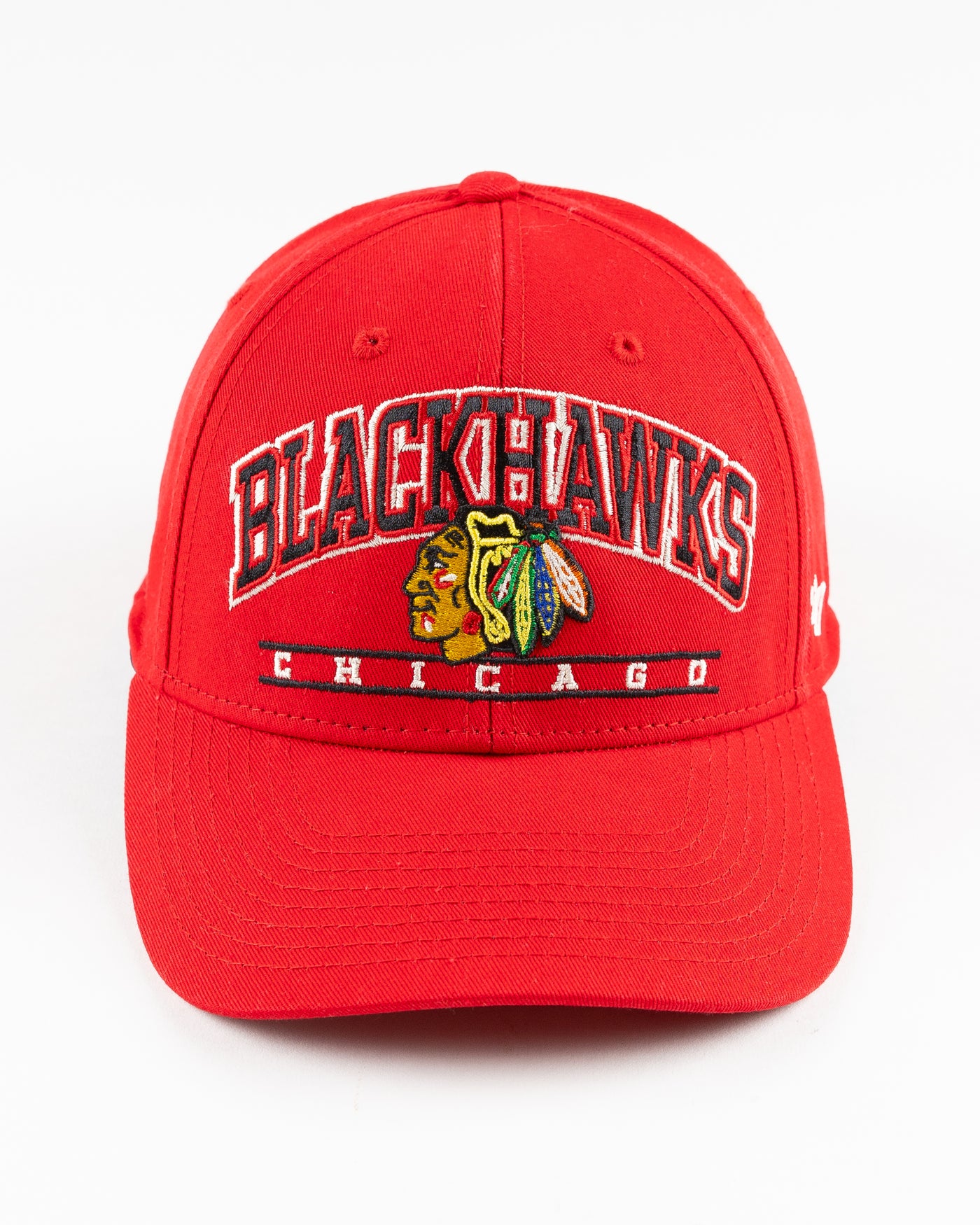 red '47 brand baseball cap with Chicago Blackhawks graphic embroidered on front - front lay flat