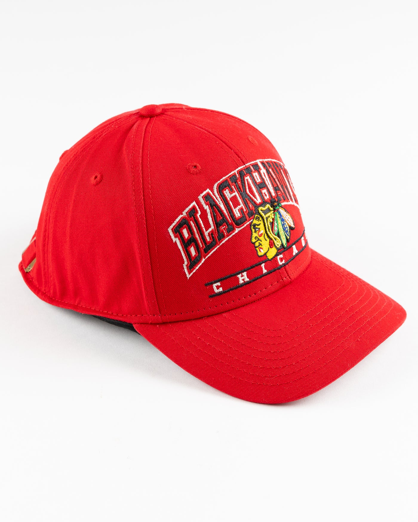 red '47 brand baseball cap with Chicago Blackhawks graphic embroidered on front - right angle lay flat