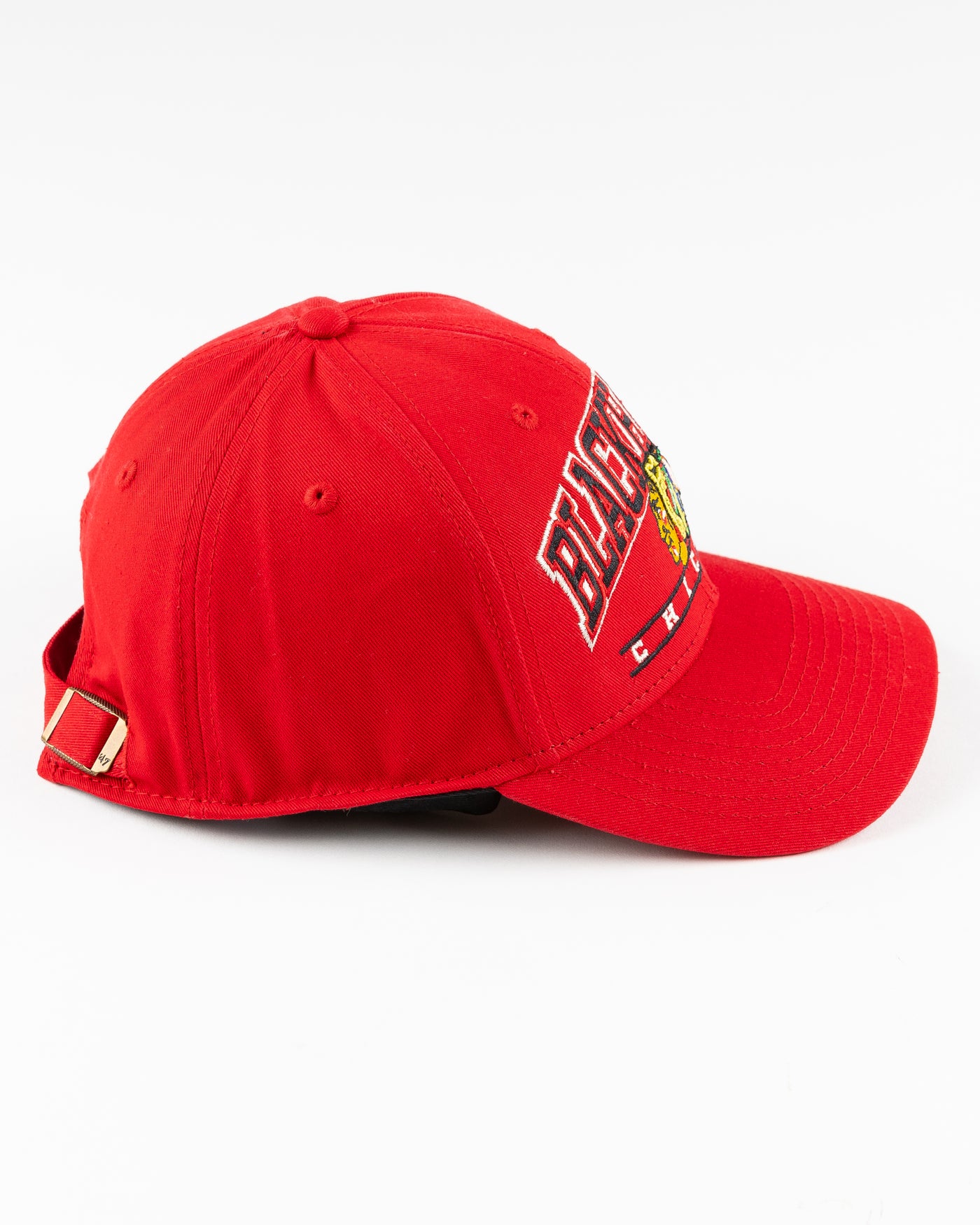 red '47 brand baseball cap with Chicago Blackhawks graphic embroidered on front - right side lay flat