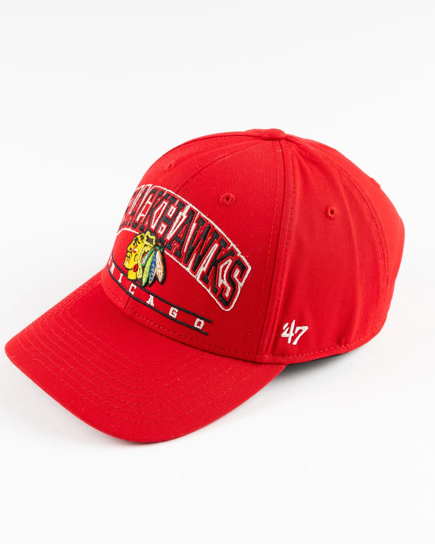 red '47 brand baseball cap with Chicago Blackhawks graphic embroidered on front - left angle lay flat