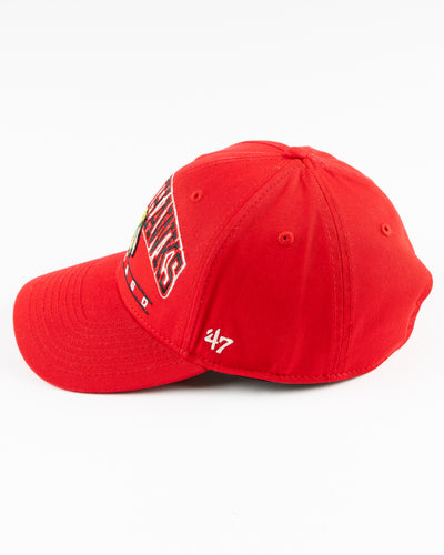 red '47 brand baseball cap with Chicago Blackhawks graphic embroidered on front - left side lay flat