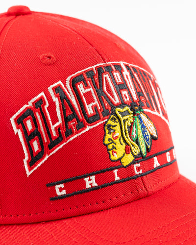 red '47 brand baseball cap with Chicago Blackhawks graphic embroidered on front - detail lay flat
