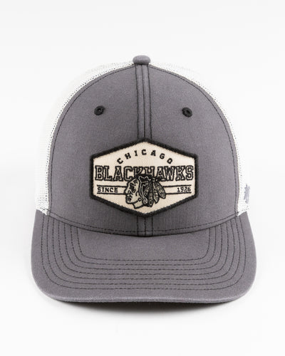 grey and white '47 trucker with Chicago Blackhawks patch embroidered on front - front lay flat