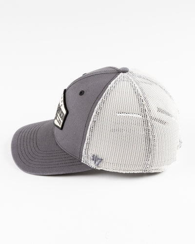 grey and white '47 trucker with Chicago Blackhawks patch embroidered on front - left side lay flat