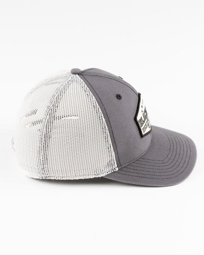 grey and white '47 trucker with Chicago Blackhawks patch embroidered on front - right side lay flat