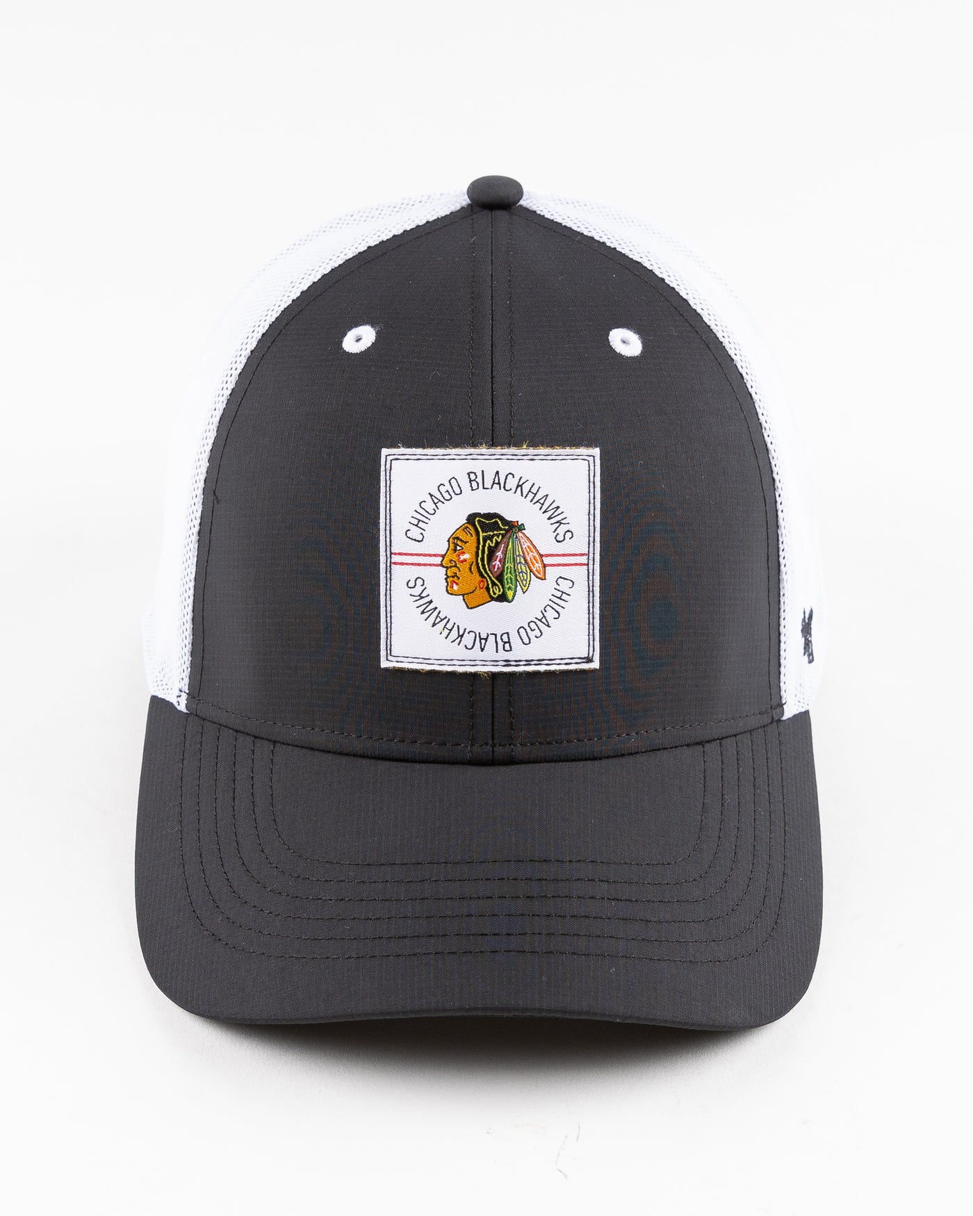 black and white '47 brand trucker cap with Chicago Blackhawks patch embroidered on front - front lay flat